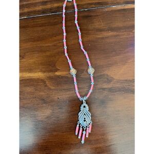 Pink Beaded Pendant Necklace Silver Ton Boho Iridescent Crystal Toggle Clasp 22"